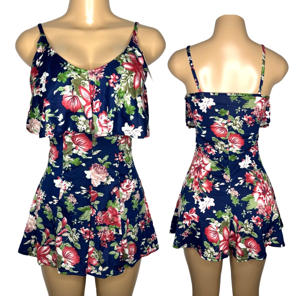 Size S and M Women Floral Wide Leg Romper Spaghetti Strap Ruffle Short Jumpsuit